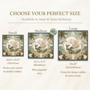 May include: Three square table covers with a lotus flower and palm tree print, labeled Small (20.9 x 20.9 inches), Medium (31.5 x 31.5 inches), and Large (33 x 33 inches). The text reads CHOOSE YOUR PERFECT SIZE, Available in 2mm & 3mm thickness.