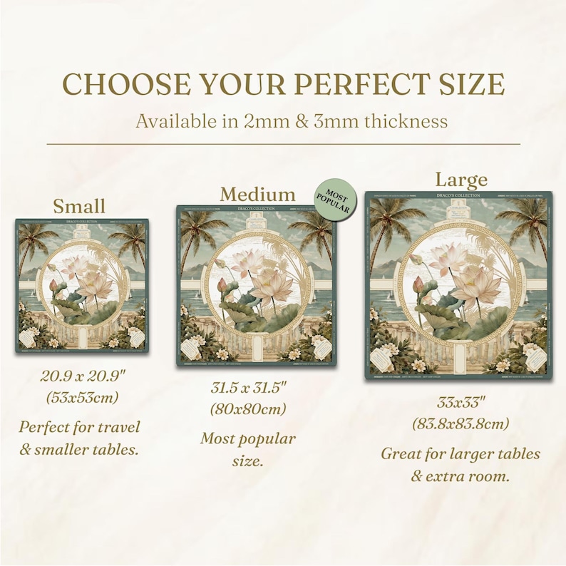 May include: Three square table covers with a lotus flower and palm tree print, labeled Small (20.9 x 20.9 inches), Medium (31.5 x 31.5 inches), and Large (33 x 33 inches). The text reads CHOOSE YOUR PERFECT SIZE, Available in 2mm & 3mm thickness.