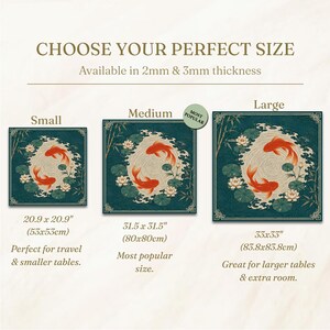 May include: A size guide for a square table cover featuring a dark teal background with orange koi fish, white lotus flowers, and bamboo stalks. It displays three sizes: Small 20.9 x 20.9 inches, Medium 31.5 x 31.5 inches, and Large 33 x 33 inches.