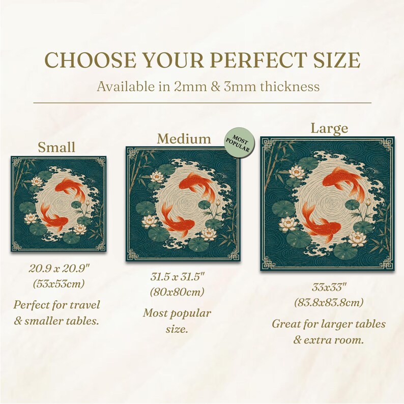 May include: A size guide for a square table cover featuring a dark teal background with orange koi fish, white lotus flowers, and bamboo stalks. It displays three sizes: Small 20.9 x 20.9 inches, Medium 31.5 x 31.5 inches, and Large 33 x 33 inches.