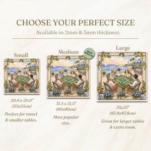 May include: Image of a decorative game board with three size options: small (20.9 x 20.9 inches), medium (31.5 x 31.5 inches), and large (33 x 33 inches). The board features a whimsical illustration of dogs playing a game, with text that reads "CHOOSE YOUR PERFECT SIZE".