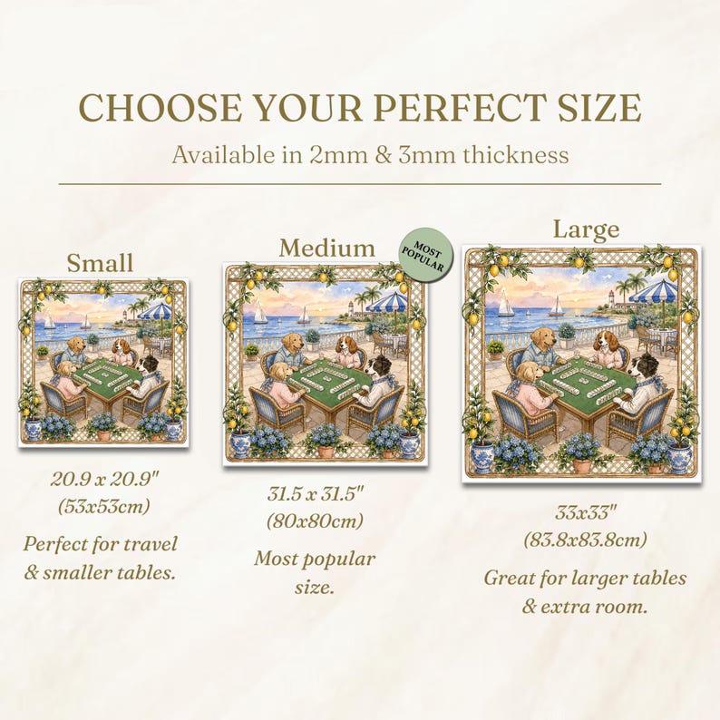 May include: Image of a decorative game board with three size options: small (20.9 x 20.9 inches), medium (31.5 x 31.5 inches), and large (33 x 33 inches). The board features a whimsical illustration of dogs playing a game, with text that reads "CHOOSE YOUR PERFECT SIZE".