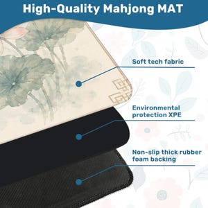 May include: A high-quality Mahjong mat with a floral design in soft colors. The mat features a soft tech fabric surface, environmental protection XPE, and a non-slip thick rubber foam backing. The text "High-Quality Mahjong MAT" is at the top.