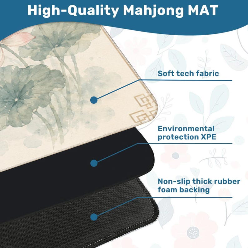 May include: A high-quality Mahjong mat with a floral design in soft colors. The mat features a soft tech fabric surface, environmental protection XPE, and a non-slip thick rubber foam backing. The text "High-Quality Mahjong MAT" is at the top.
