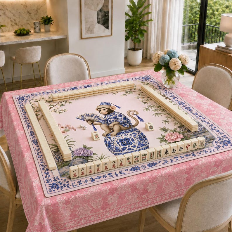 May include: A square mahjong mat featuring a light pink background with a central illustration of a monkey wearing a blue patterned outfit and holding a fan, seated on a blue and white porcelain jar, surrounded by mahjong tiles and floral motifs.