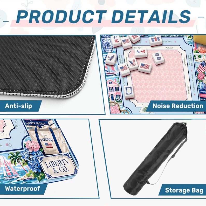 May include: Product details image showing an anti-slip surface, a mahjong game board with tiles, a tote bag with the word "Freedom", and a black storage bag. The board has "Noise Reduction" and "Waterproof" labels.