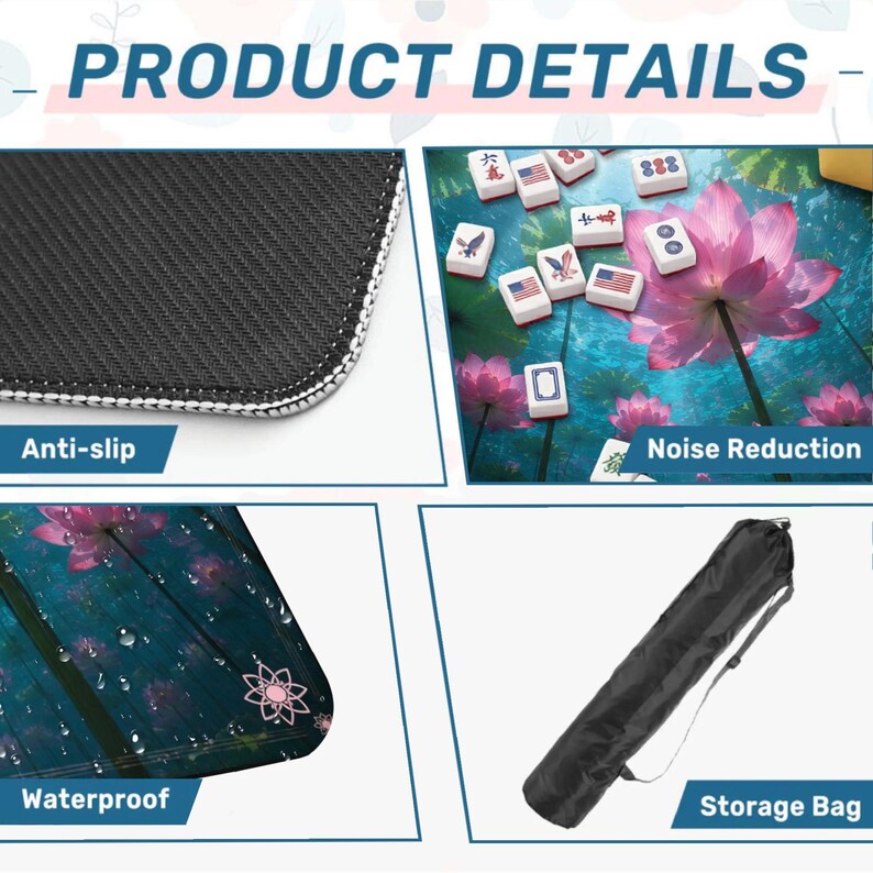 May include: Product details image showing a black anti-slip mat with white stitching, a waterproof surface with a lotus flower design, and a black storage bag. The image also shows mahjong tiles and the text "Noise Reduction".