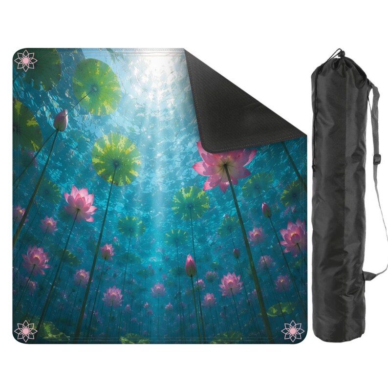 May include: A yoga mat featuring a vibrant underwater scene with pink lotus flowers and green lily pads. The mat has a black underside and is accompanied by a black carrying bag with a shoulder strap. Decorative lotus flower icons are in each corner.