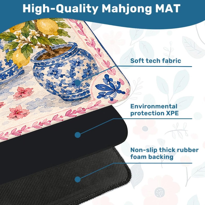 May include: A high-quality Mahjong mat with a watercolor design featuring a lemon tree in a blue and white pot. The mat has a soft tech fabric surface, environmental protection XPE, and a non-slip thick rubber foam backing.