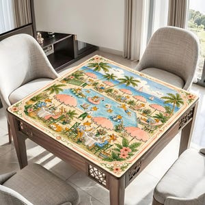 May include: A square wooden table featuring a decorative tabletop print of anthropomorphic foxes relaxing at a beach resort with palm trees, pink umbrellas, and a swimming pool. The table has four legs and intricate lattice cutouts on the apron.