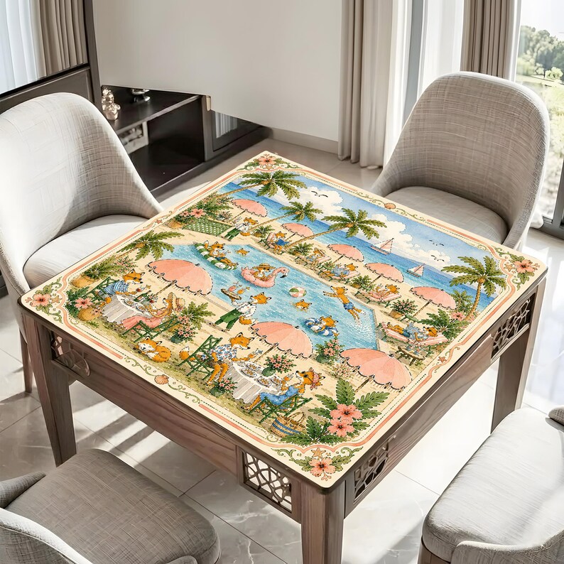 May include: A square wooden table featuring a decorative tabletop print of anthropomorphic foxes relaxing at a beach resort with palm trees, pink umbrellas, and a swimming pool. The table has four legs and intricate lattice cutouts on the apron.