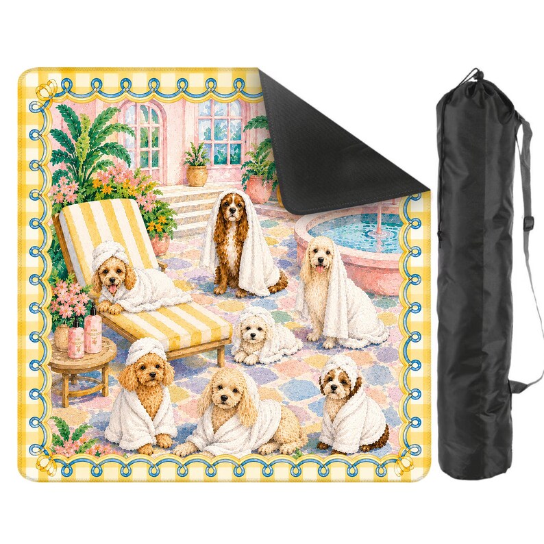 May include: A square outdoor mat featuring a colorful illustration of six golden-colored dogs wearing white towels by a pool, framed by a yellow and white checkered border. The mat has a black underside and includes a black drawstring carrying bag.
