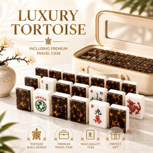 May include: A mahjong set featuring tiles with a brown and black tortoise shell pattern on the back and white faces with red, green, and black symbols, including a Joker tile. The set includes a beige zippered travel case with a clear window.