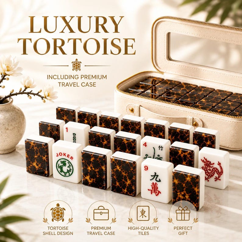 May include: A mahjong set featuring tiles with a brown and black tortoise shell pattern on the back and white faces with red, green, and black symbols, including a Joker tile. The set includes a beige zippered travel case with a clear window.