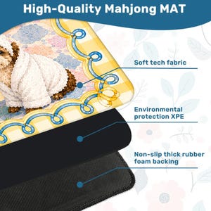 May include: A rectangular Mahjong mat featuring a brown dog in a white robe on a yellow checkered background with blue scrollwork. The mat consists of a soft tech fabric top layer, an environmental protection XPE middle layer, and a non-slip thick rubber foam backing.