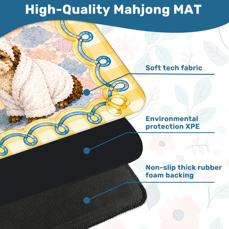 May include: A rectangular Mahjong mat featuring a brown dog in a white robe on a yellow checkered background with blue scrollwork. The mat consists of a soft tech fabric top layer, an environmental protection XPE middle layer, and a non-slip thick rubber foam backing.
