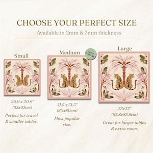 May include: Image showing three sizes of a decorative square mat with a pink border. The mat features a design with two leopards under a palm tree. Sizes are: Small (20.9 x 20.9 inches), Medium (31.5 x 31.5 inches), and Large (33 x 33 inches).