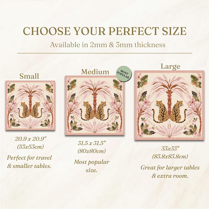 May include: Image showing three sizes of a decorative square mat with a pink border. The mat features a design with two leopards under a palm tree. Sizes are: Small (20.9 x 20.9 inches), Medium (31.5 x 31.5 inches), and Large (33 x 33 inches).