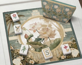 Personalized Chinoiserie White Lotus Mahjong Mat, Zen Decor, Healing Energy, Non-Slip Table Protection, East Meets West
