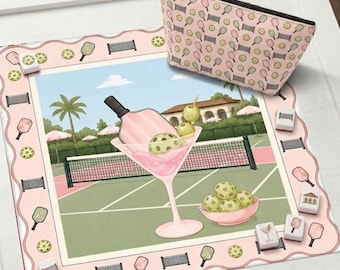 Vintage Pink Pickleball Mahjong Matte | Ästhetischer rosa grüner Pickleball Dekor | Sommerparty Tischdeko | Anti-Rutsch-Tischschutzhülle