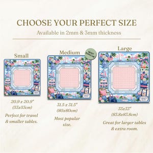 May include: Three decorative placemats in varying sizes, each featuring a coastal design with sailboats, flags, and floral accents. Sizes include 20.9 x 20.9 inches, 31.5 x 31.5 inches, and 33 x 33 inches. The text reads "CHOOSE YOUR PERFECT SIZE".