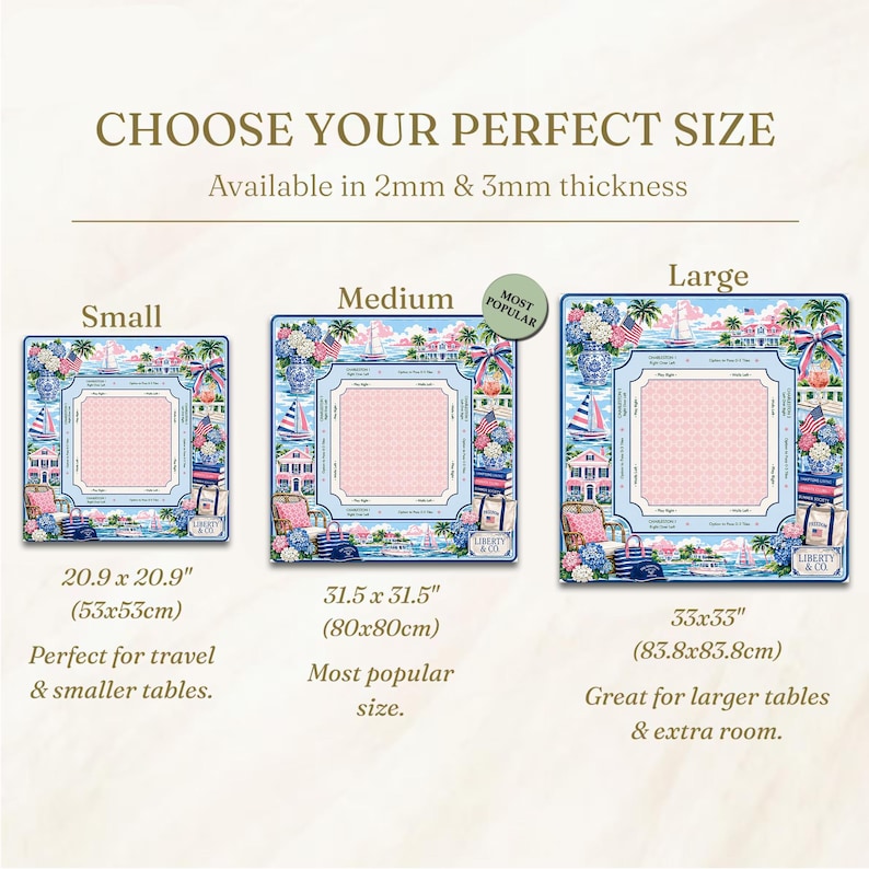 May include: Three decorative placemats in varying sizes, each featuring a coastal design with sailboats, flags, and floral accents. Sizes include 20.9 x 20.9 inches, 31.5 x 31.5 inches, and 33 x 33 inches. The text reads "CHOOSE YOUR PERFECT SIZE".