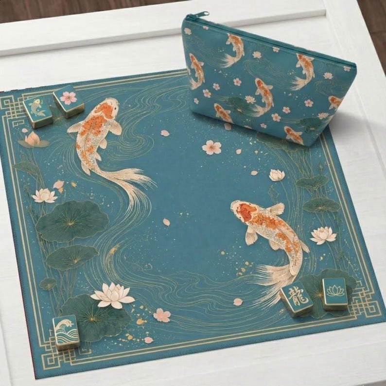 Puede incluir: Una alfombrilla de juego cuadrada de color verde azulado con dos peces koi naranjas y blancos, flores de loto y nen&uacute;fares, acompa&ntilde;ada de un estuche con cremallera a juego y varias fichas rectangulares con s&iacute;mbolos dorados.