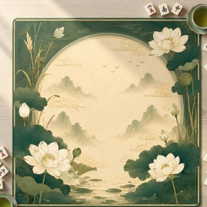 May include: A square desk mat featuring a circular central landscape illustration of misty mountains and flying birds in beige and cream tones, framed by dark green borders decorated with white lotus flowers, large green leaves, and tall reeds.
