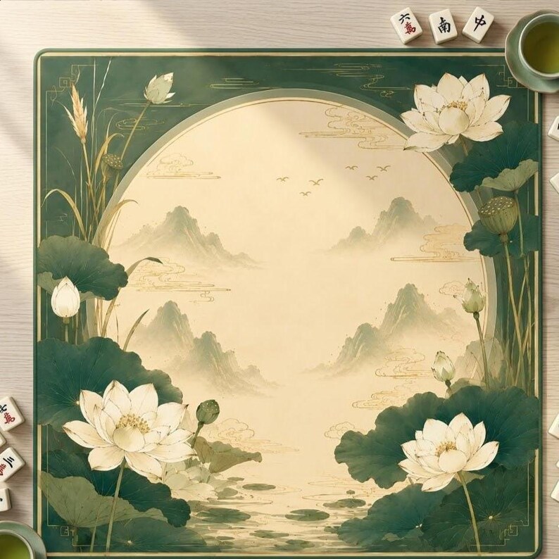 May include: A square desk mat featuring a circular central landscape illustration of misty mountains and flying birds in beige and cream tones, framed by dark green borders decorated with white lotus flowers, large green leaves, and tall reeds.