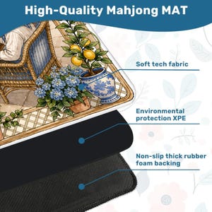 May include: A high-quality Mahjong mat with a detailed illustration of a patio scene with potted plants and a wicker chair. The mat features soft tech fabric, environmental protection XPE, and a non-slip thick rubber foam backing.