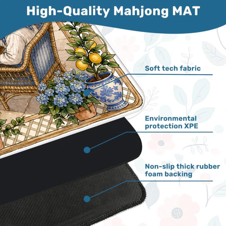 May include: A high-quality Mahjong mat with a detailed illustration of a patio scene with potted plants and a wicker chair. The mat features soft tech fabric, environmental protection XPE, and a non-slip thick rubber foam backing.