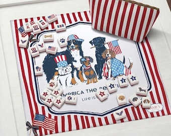 Patriottische hond Mahjongmat Aangepaste naam Amerikaanse vlag Mahjong-tafelmat 4 juli Mahjongaccessoires Cadeau voor hondenliefhebbers