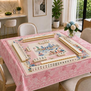 May include: A square mahjong table mat featuring a central illustration of the New York City skyline, the Statue of Liberty, and a bicycle, surrounded by arranged mahjong tiles on a pink tablecloth with a white shell and fan pattern.