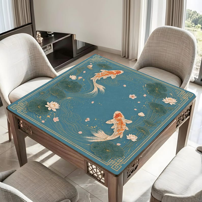 Puede incluir: Una mesa cuadrada con una superficie azul que presenta un dise&ntilde;o impreso de dos peces koi naranjas y blancos nadando entre nen&uacute;fares verdes y flores de loto de color rosa p&aacute;lido, enmarcada por un borde geom&eacute;trico dorado sobre base de madera.