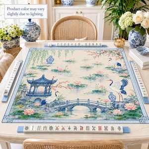 Blue Willow Crane Mahjong Mat | Chinoiserie Lotus Lantern American Mahjong Mat | Non-Slip Table Protection Cover, SHIPS ROLLED image 2