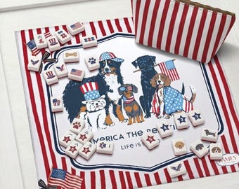 Patriotic Dog Mahjong Mat: Custom Name American Flag Table Accessory