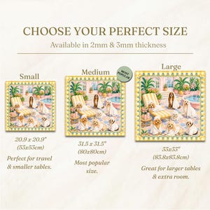 May include: A size guide for a square mat featuring a pool scene with dogs in white robes. Three sizes are shown: Small at 20.9 x 20.9 inches, Medium at 31.5 x 31.5 inches, and Large at 33 x 33 inches. The text indicates 2mm and 3mm thickness options.