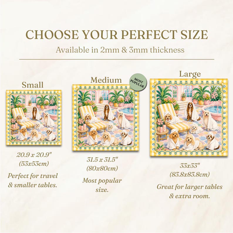 May include: A size guide for a square mat featuring a pool scene with dogs in white robes. Three sizes are shown: Small at 20.9 x 20.9 inches, Medium at 31.5 x 31.5 inches, and Large at 33 x 33 inches. The text indicates 2mm and 3mm thickness options.