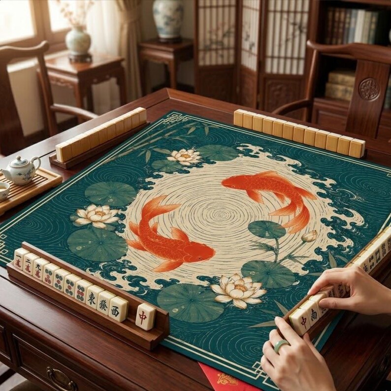 May include: A square mahjong table featuring a green mat with a central circular design of two orange koi fish swimming among white lotus flowers and lily pads. The table includes wooden racks holding ivory-colored mahjong tiles with black text.