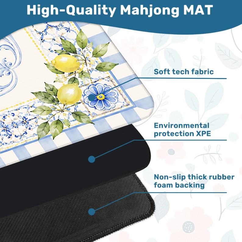 Peut inclure: Tapis de Mahjong de haute qualit&eacute; avec un motif de citron et de fleurs. Le tapis est compos&eacute; d'un tissu technique doux, d'une protection environnementale XPE et d'un envers en mousse de caoutchouc &eacute;pais antid&eacute;rapant.