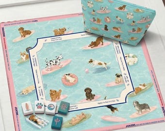 Dog Surfing Coastal Mahjong Mat with Instruction, Whimsical Beach Dog Decor, Mahj Gift for Dog Lovers, Anti-Slip Table Pad, SHIPS ROLLED