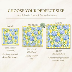 May include: Image showing three square table mats with a floral and lemon design. The mats are labeled Small (20.9 x 20.9 inches), Medium (31.5 x 31.5 inches), and Large (33 x 33 inches). The text reads "CHOOSE YOUR PERFECT SIZE."