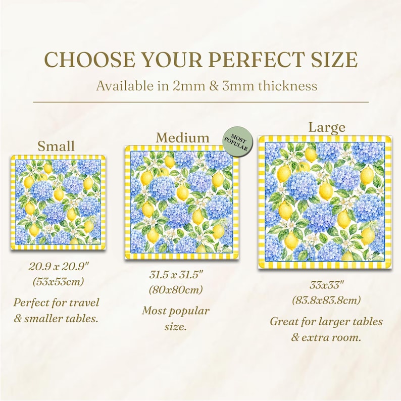 May include: Image showing three square table mats with a floral and lemon design. The mats are labeled Small (20.9 x 20.9 inches), Medium (31.5 x 31.5 inches), and Large (33 x 33 inches). The text reads "CHOOSE YOUR PERFECT SIZE."