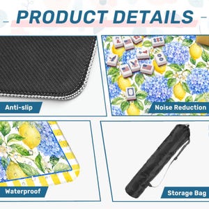 May include: Product details image. The top left shows the anti-slip bottom. The top right shows a mahjong game with a floral background of blue hydrangeas and yellow lemons. The bottom left shows the waterproof surface. The bottom right shows a black storage bag.