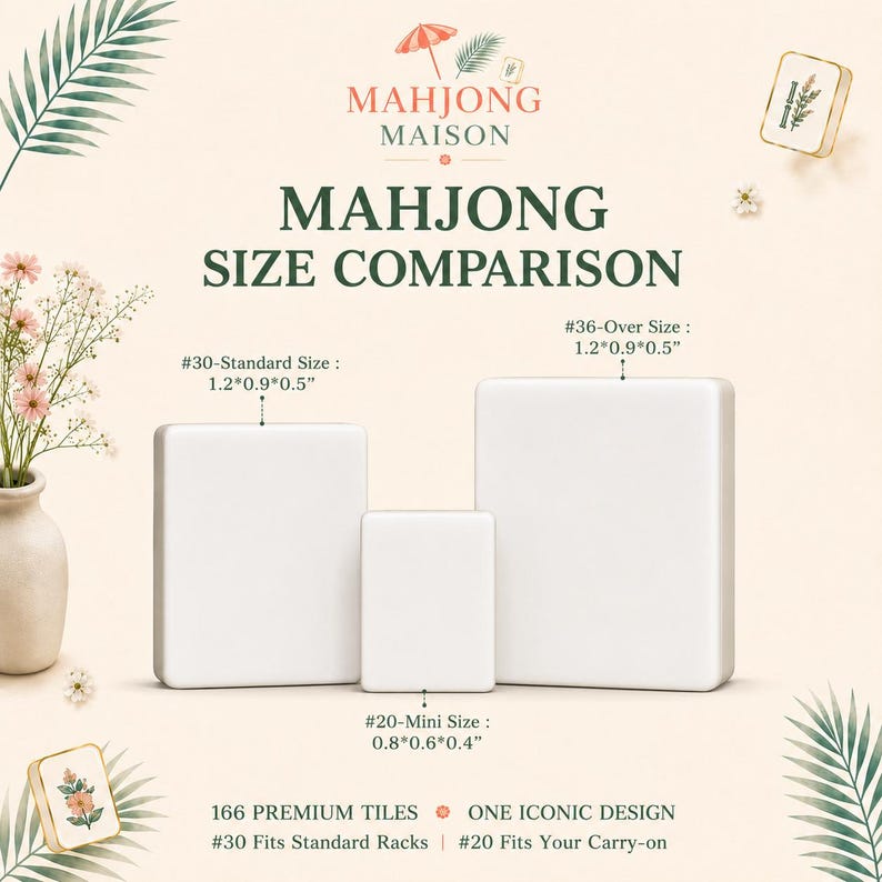 Może przedstawiać: Por&oacute;wnanie trzech białych płytek do Mahjonga, oznaczonych jako #30-Standard Size, #20-Mini Size i #36-Over Size. Rozmiary to odpowiednio 3,05 cm x 2,29 cm x 1,27 cm, 2,03 cm x 1,52 cm x 1,02 cm i 3,05 cm x 2,29 cm x 1,27 cm. Obraz zawiera tekst "MAHJONG MAISON" i "MAHJONG SIZE COMPARISON".