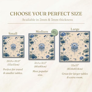 May include: A size guide for square mats featuring a blue and cream lotus flower pattern. Three sizes are shown: Small at 20.9 x 20.9 inches, Medium at 31.5 x 31.5 inches, and Large at 33 x 33 inches. The text indicates 2mm and 3mm thickness options.