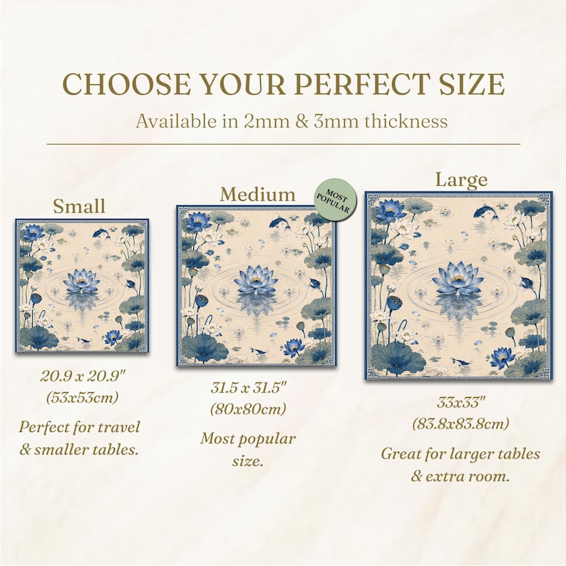 May include: A size guide for square mats featuring a blue and cream lotus flower pattern. Three sizes are shown: Small at 20.9 x 20.9 inches, Medium at 31.5 x 31.5 inches, and Large at 33 x 33 inches. The text indicates 2mm and 3mm thickness options.