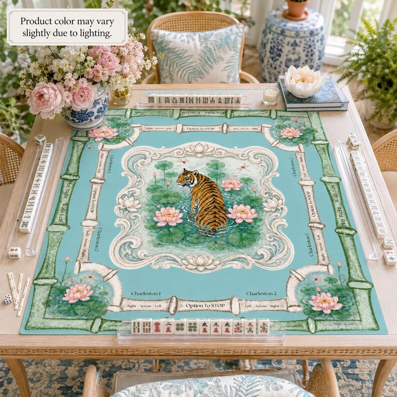 Tapete de Mahjong Lotus Tiger Charleston / Tapete de Mahjong Americano Bamboo Garden / Funda protectora antideslizante para mesa, SE ENVÍA ENROLLADO imagen 2