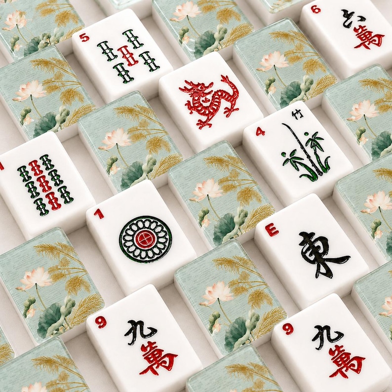 May include: A selection of white Mahjong tiles, each displaying red, green, and black symbols and numbers. Some tiles feature a red dragon, bamboo, or a floral design with a light blue background. The tiles are arranged in a grid pattern.