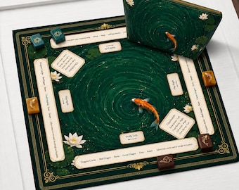 Tappetino da Mahjong con motivo laghetto di carpe koi e istruzioni – Tappetino da tavolo da Mahjong verde smeraldo – Decorazione laghetto di loto – Copritavolo antiscivolo – SPEDITO ARROTOLATO